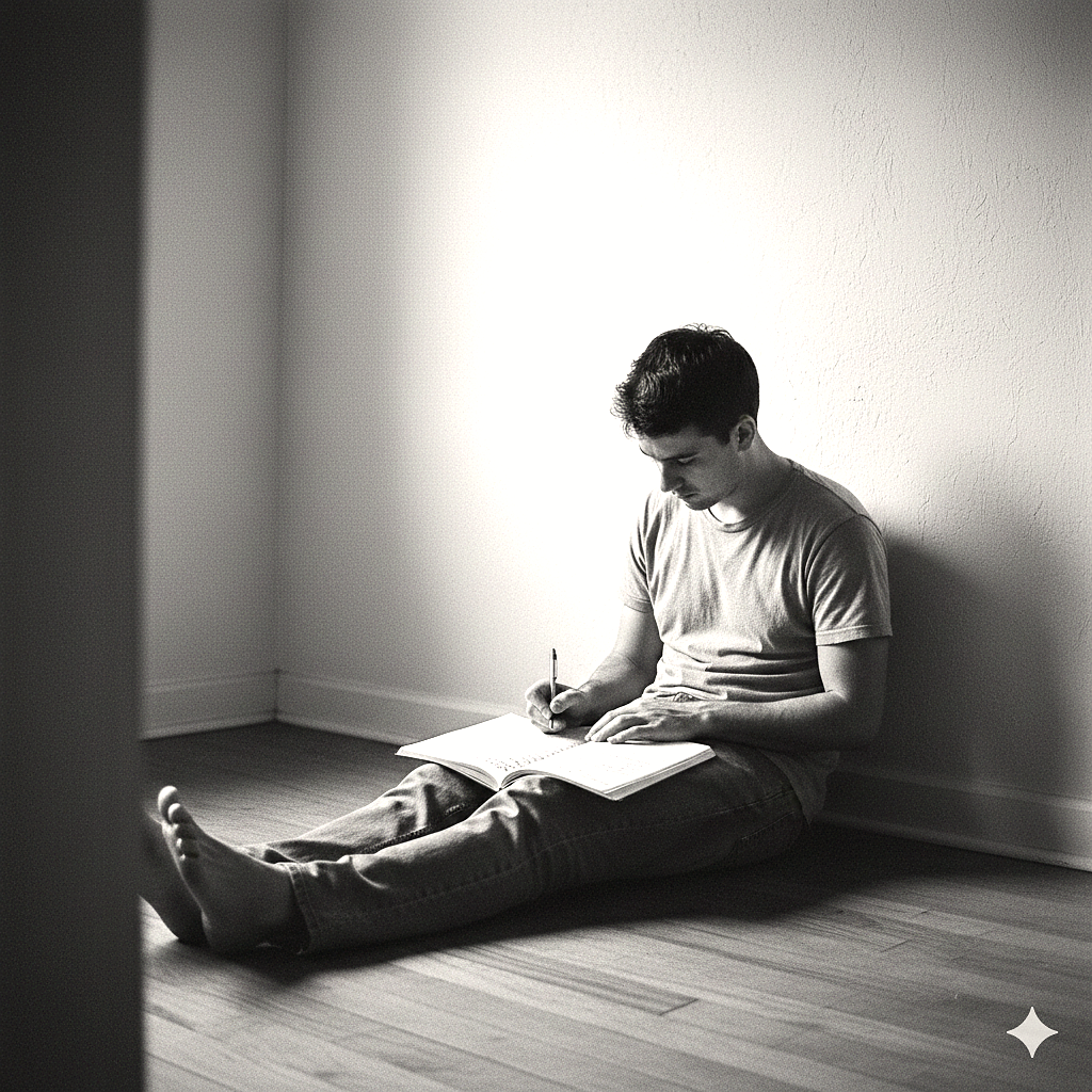 Young man sitting on floor writing in journal